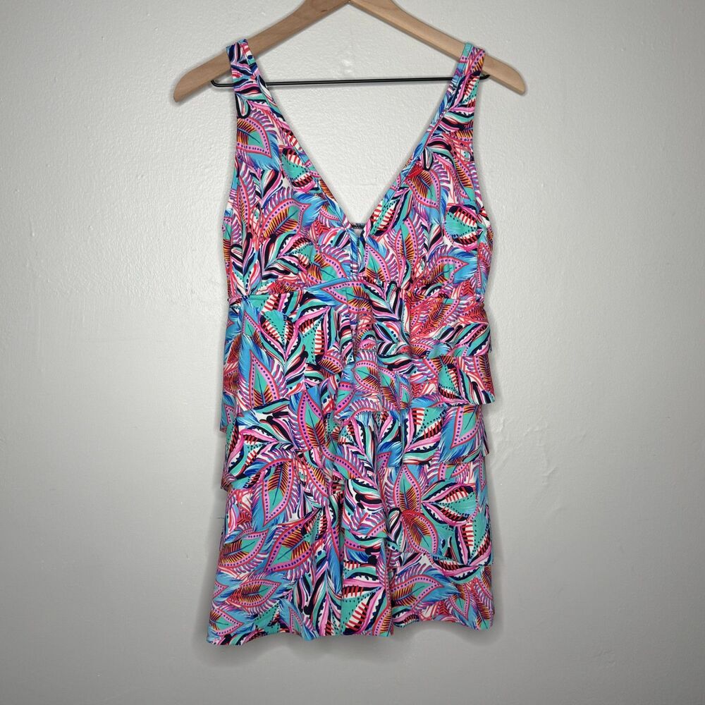 Swim Solutions Womens One Piece Bathing Suit 12 Pink Blue Tropical Tiered Resort - Picture 1 of 12